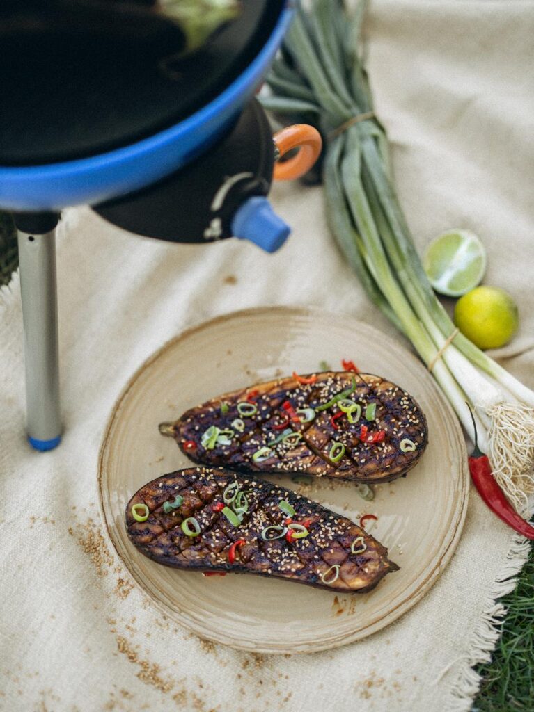 Oosterse aubergine van de barbecue met lente-ui en rode peper